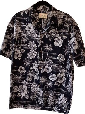 Men’s VTG Royal Hawaiian Creations Button Up Shirt Black White M Made in Hawaii